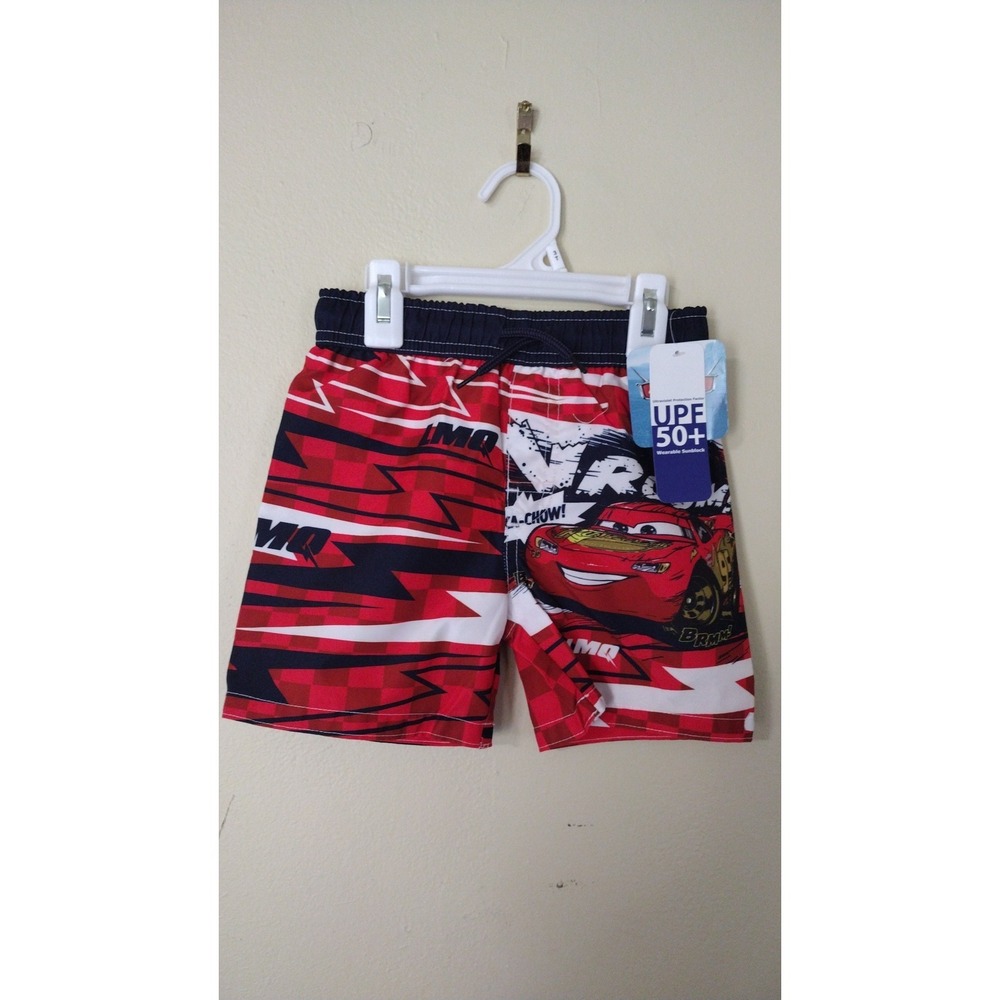 Disney‎ Pixar Cars Lightning McQueen Swim Trunks Red Checkered UPF 50+ Boys 3T